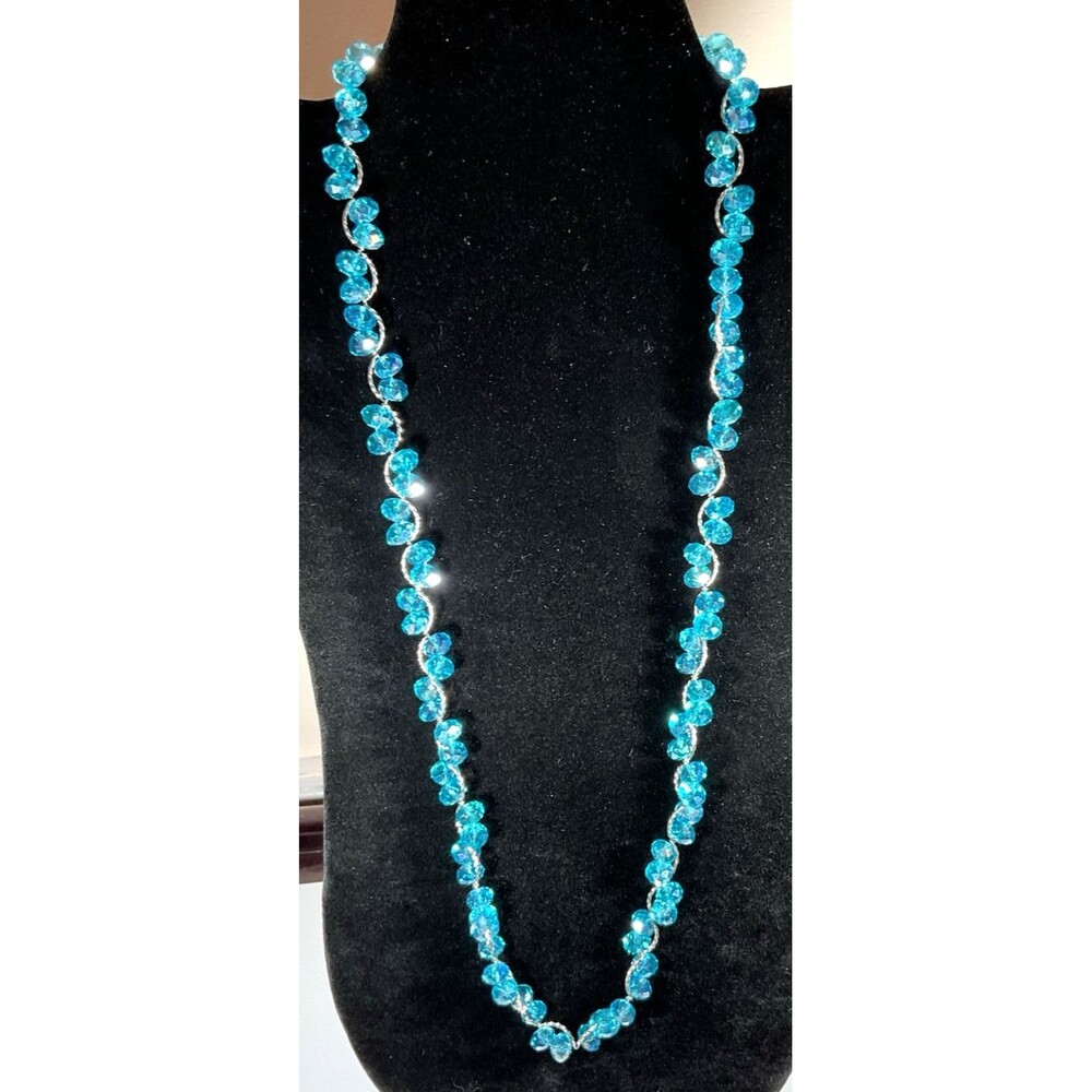 Vintage Teal Blue Crystal Beaded Silver Tone Necklace 28" Gorgeous Boho Sparkle